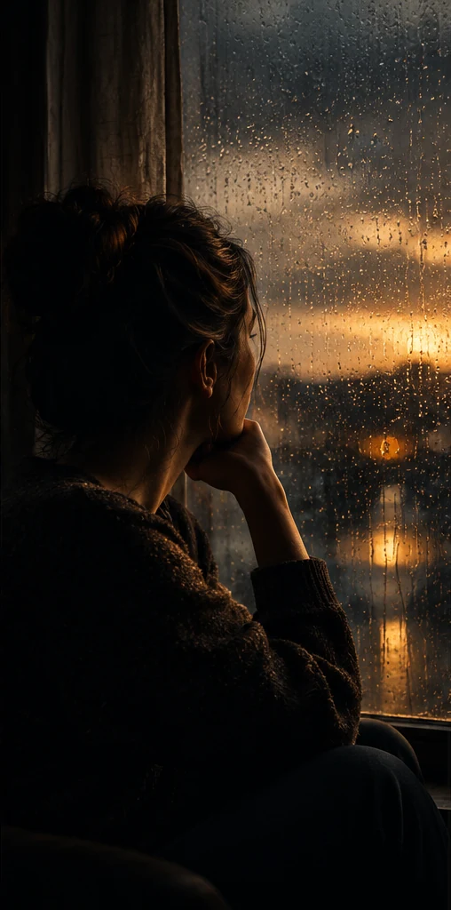 Una mujer junto a una ventana lluviosa