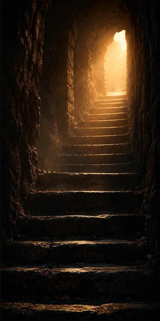Una antigua escalera de piedra hacia una luz tenue